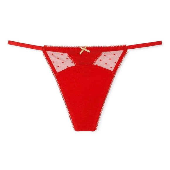 2/25$ Victoria’s Secret Dot Mesh V-String Panty Red Stretch Cotton NWT Size M - Picture 1 of 3
